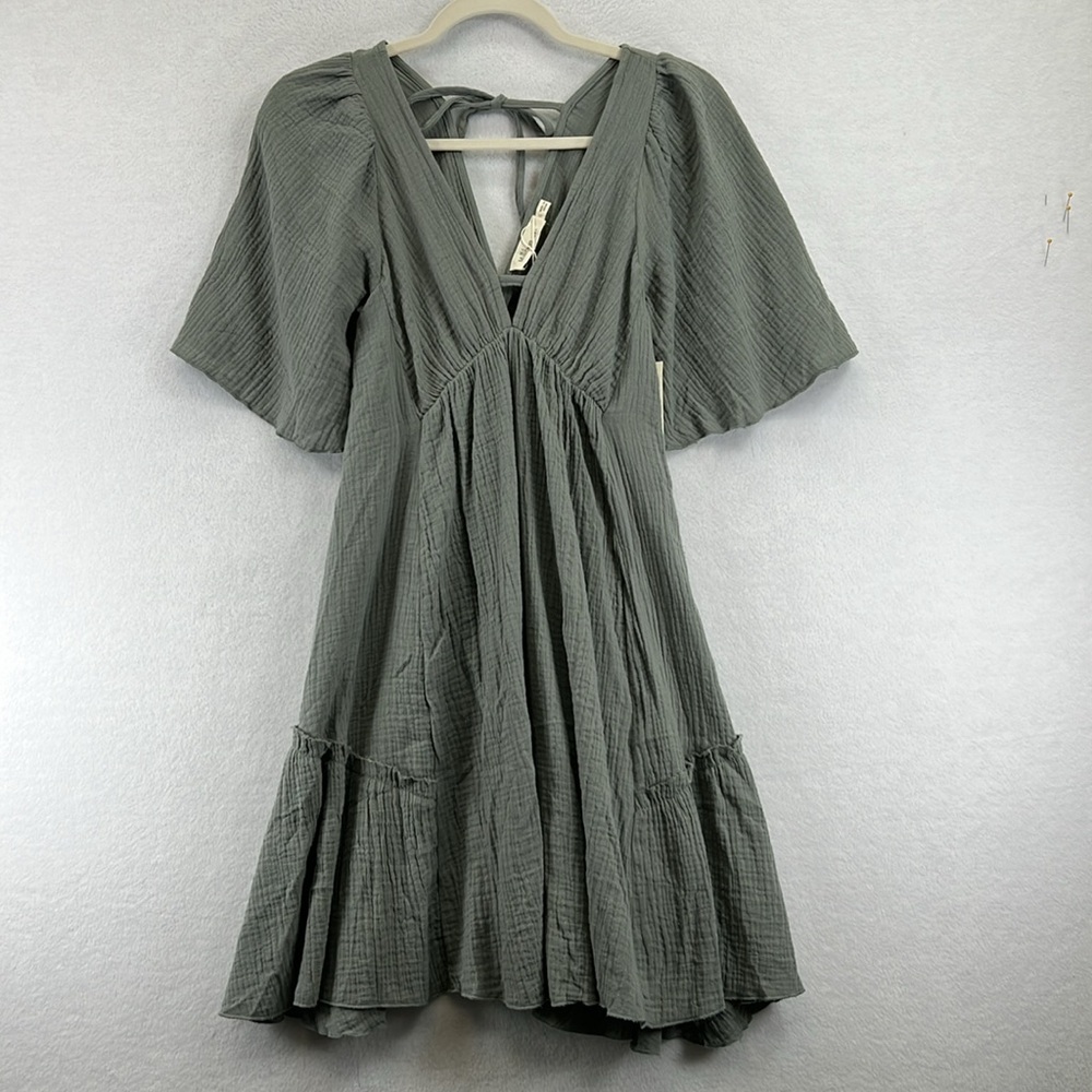 bohme Olive Green V-Neck Tiered Gauze Dress